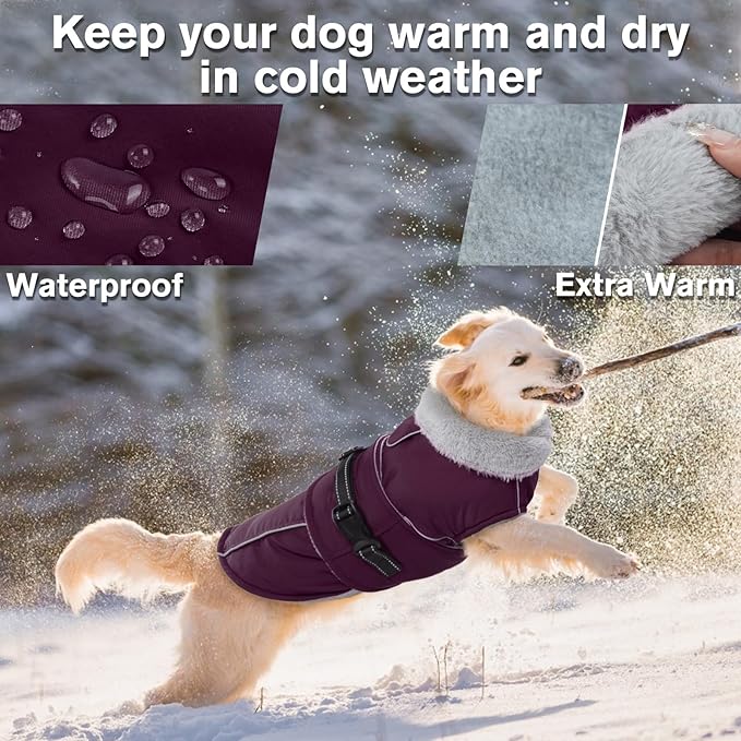 Lelepet Warm Dog Coat Reflective Fleece Vest Waterproof Dog Jacket with Adjustable Buckle Hook & Loop Windproof Cold Weather Coats for Small Medium Large Dogs, Dark Purple, L