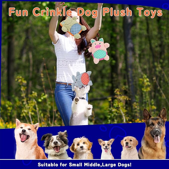 Crinkle Dog Toys Squeaky Plush No Stuffing Cute Puppy Stuffless Tough Rop Pull Toy, Fun Dog Stuffed Animals Durable Chew Set for Small Medium Large Pup (Large, Pink Pig+Green Frog+Blue Dog)