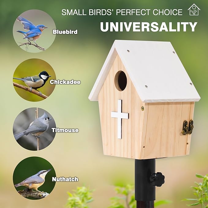 Church Style Large Bird House for Outdoor with Metal Tube, Thicken Wooden Hanging Birdhouse with Clear View Panel Clear View Panel Predator Guard Nesting Box for Swallow Wren Chickadee