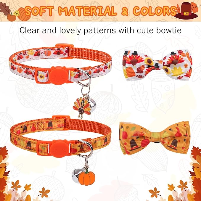 SCENEREAL Fall Thanksgiving Cat Collar Breakaway with Bell, Bowtie and Safety Buckle, 2 Pack Adjustable Cute Holiday Kitten Collars with Turkey & Pumpkin Pattern for Girl Boy, Orange