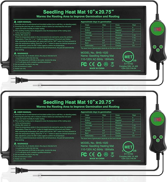 Seedling Heat Mat with Built-in Temperature Controller (2 Pack), 10" x 20.75" Plant Heating Pad with Thermostat for Indoor Seed Starting Germination Hydroponics Waterproof