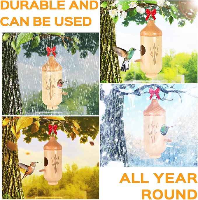 Hummingbird House, Solid Wood Hummingbird Houses for Outside-Exquisitely Handcrafted Birdhouse with Ribbon and String Hanging Kit, Durable Garden Decor, Perfect Gardening Gift(Style-F, 1 Pack)