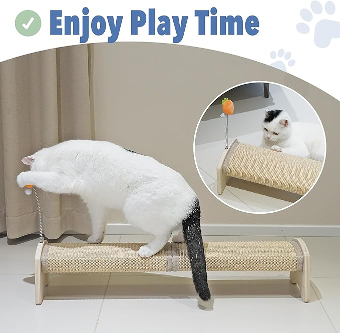Cat Scratching Post, 30" Horizontal Sisal Scratch Post for Indoor Cats, Durable Cat Furniture Protector with Spring Toy