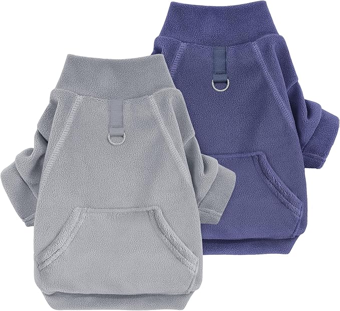 Idepet Fleece Dog Sweater 2 Pack, Winter Dog Clothes Turtleneck Dog Sweatshirt Pet Clothing Stretchy Small Dog Coat with Leash Ring Cat Apparel with Pocket (Grey+Navy, X-Large)