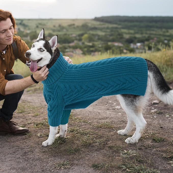 ASENKU XXL Dog Sweater for Extra Large Dogs, Pet Sweatshirt Apparel Turtleneck Pullover Winter Outfits for Pitbull, Labrador Retriever(Teal Blue, 2XL)