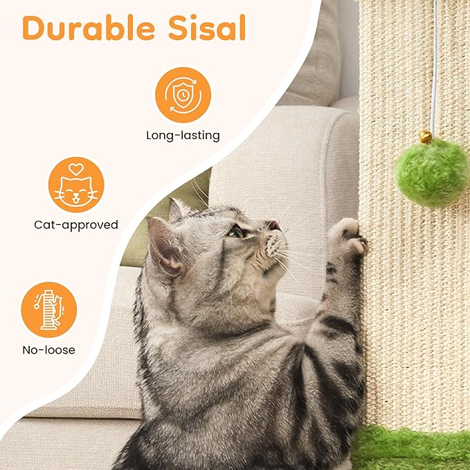 Indoor Cat Scratching Post: 32 in Tall Cat Scratcher with Natural Sisal Rope, Kitty Pet Tower with Sturdy Wood Base and Hanging Ball Toy, Great Gift for Small and Large Kittens, Green