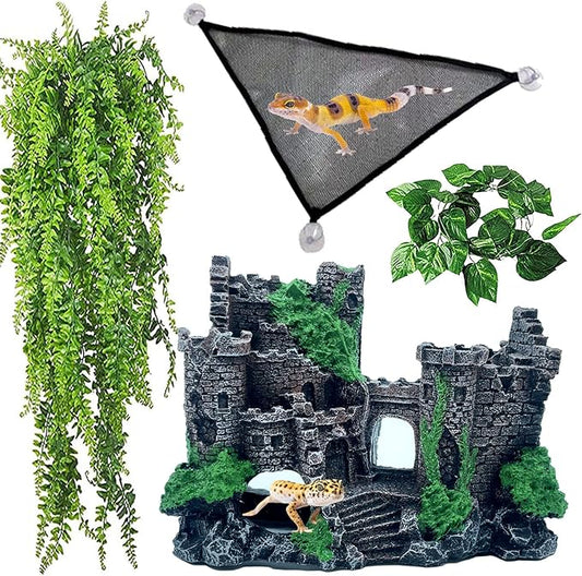 kathson Bearded Dragon Tank Castle Decorations,Reptile Hammock Reptiles Habitat Resin Hideouts Cave Decor Terrarium Accessories for Lizard Snake Chameleon Gecko Hermit Crabs (4 Pcs)