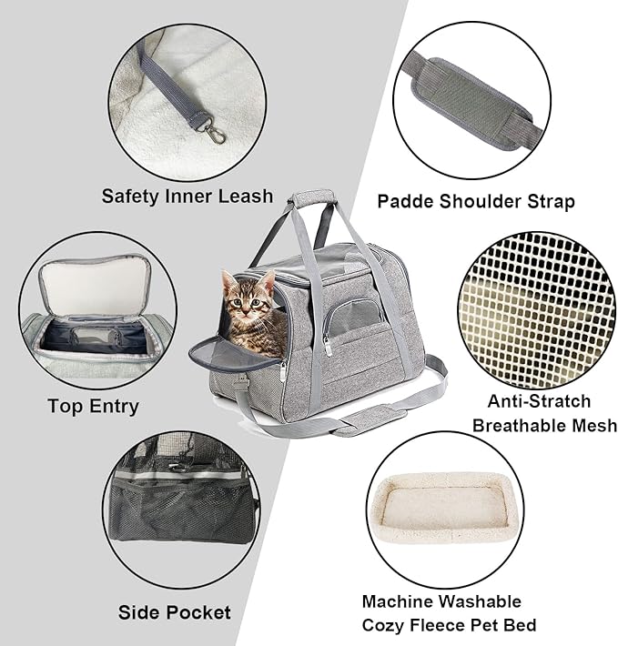 kathson Rabbit Travel Carrier Bag Airline Approved Pet Pocket Breathable Mesh Window Portable Hand Bag with Locking Safety Zippers for Small Dogs Cats Bunnies and Small Animals (Grey)