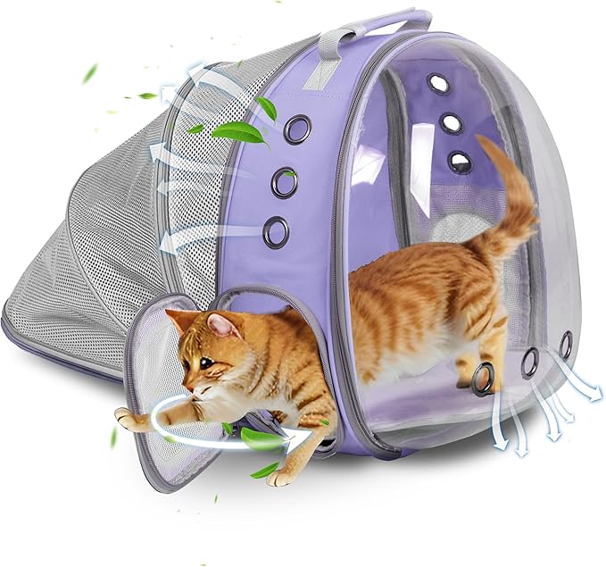 Cat Backpack Carrier Bubble Expandable Foldable Breathable Pet Carrier Dog Carrier Backpack for Large Big Cats Hiking, Travelling, Camping (Back Expandable-Purple)
