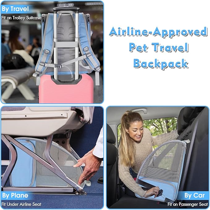 Cat Backpack Carrier, Large Pet Backpack with Kitten Wand Feather Toy for Medium Small Dog Cat Puppy Kitty Bunny up to 15lbs, Ventilated Mesh Dog Travel Carrier for Hiking Walking Outdoor Use (Blue)