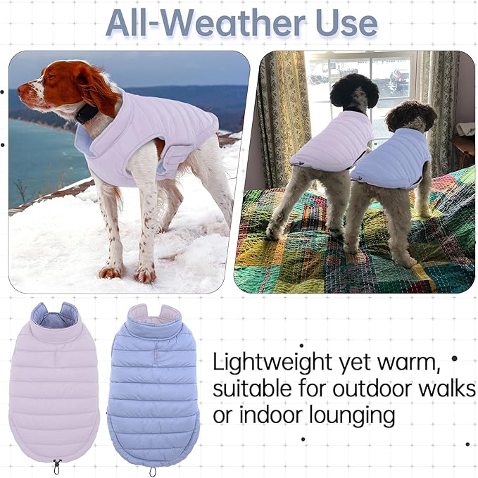Lelepet Reversible Dog Coat Lightweight Warm Dog Jacket Padded Vest Windproof Cold Weather Coat Sonwsuit with Hook & Loop Leash Hole Coats for Large Dogs, Non-Shedding, Easy on/Off, Purple, XL