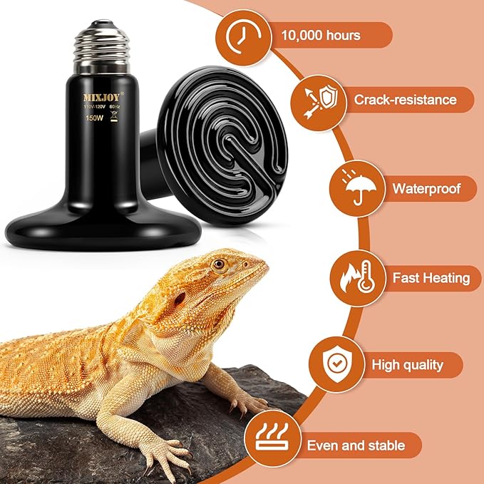 MIXJOY 150W Reptile Heat Lamp 2Pack Ceramic Heat Emitters Reptile Heat Lamp Bulbs, No Light Emitting Ceramic Heat Bulbs for Amphibian Terrarium Reptile Gecko Lizard Bearded Dragon Turtle Chicken Snake