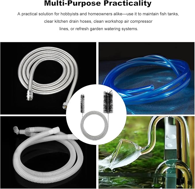 2-Pack Flexible Dual-Ended Aquarium & Kitchen Tube Brush – Stainless Steel Core with Durable Black Plastic, 61-Inch Long Cleaning Tool for Hoses, Pumps, and Narrow Pipes（Black）