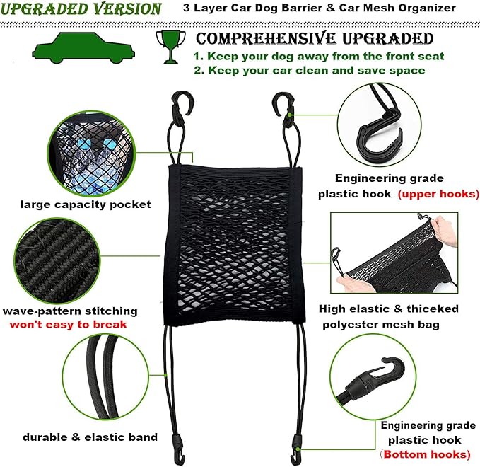 DYKESON Pet Barrier Dog Car Net Barrier with Auto Safety Mesh Organizer Baby Stretchable Storage Bag Universal for Cars, SUVs -Easy Install,Safer to Drive with Pets and Children, 2 Layer