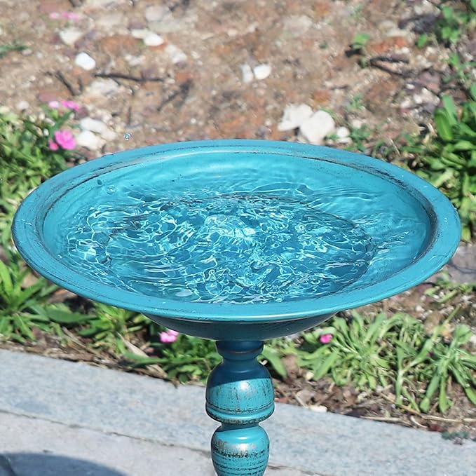 26.6”H Cast Iron Pedestal Bird Bath，Metal Birdbaths Bird Feeder Seed Tray for Garden Yard Decor -Blue.