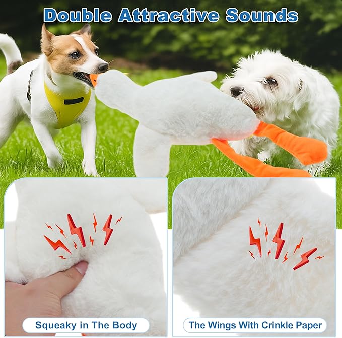 Dog Toys for Aggressive Chewers, Goose Chew Toy for Dogs, Squeaker Crinkle Plush Toy, Tough Interactive Dog Chew Toys, White
