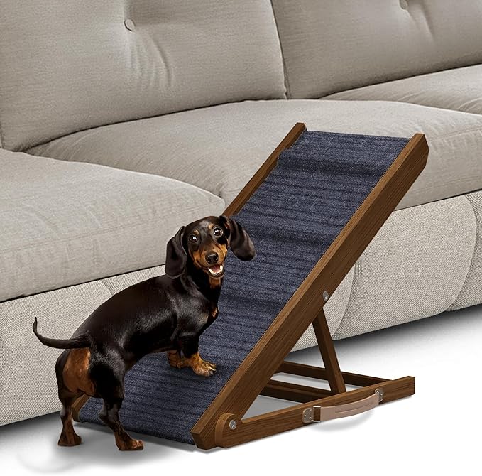 Adjustable Dog Ramp for Bed - Foldable Wooden Ramp for Dogs to Get on Bed, Couch, or Car - Ideal for Small and Medium Breeds (Walnut Wood with Grey Carpet)