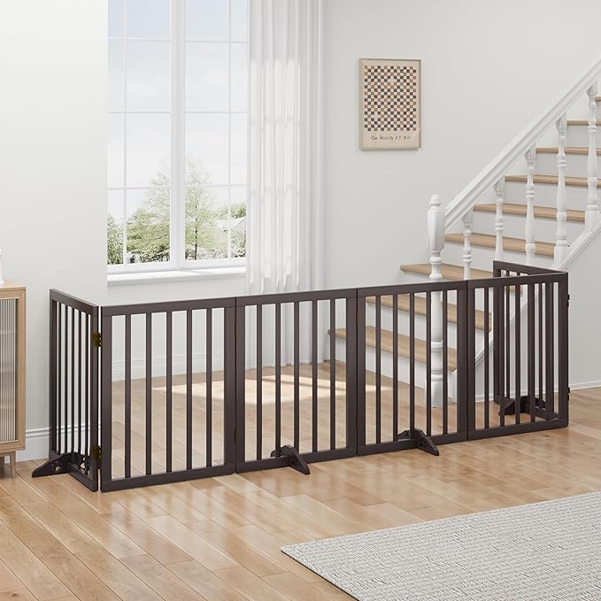 Brown Freestanding Foldable Pet Gate - 6 Panels, Metal Support Feet, Room Divider for Doorways & Bedroom
