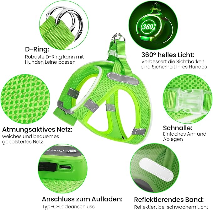 PCeoTllar Light Up Dog Harness - LED, No Pull Reflective, Flashing Night Walking (Green XS)