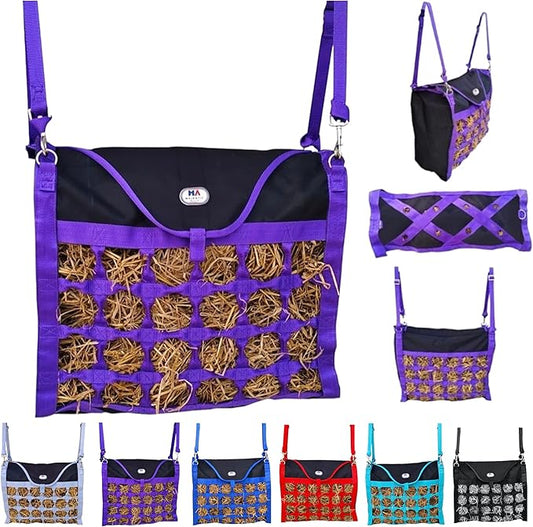 Majestic Ally Animal Health Hay Bag for Horses, 2.5" Holes, Top Load, Travel Feeder, Reduces Waste, 1 Year Warranty, Multiple Colors (Purple-Black)