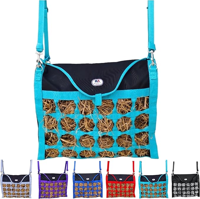 Majestic Ally Animal Health Hay Bag for Horses, 2.5" Holes, Top Load, Travel Feeder, Reduces Waste, 1 Year Warranty, Multiple Colors (Turquoise-Black)