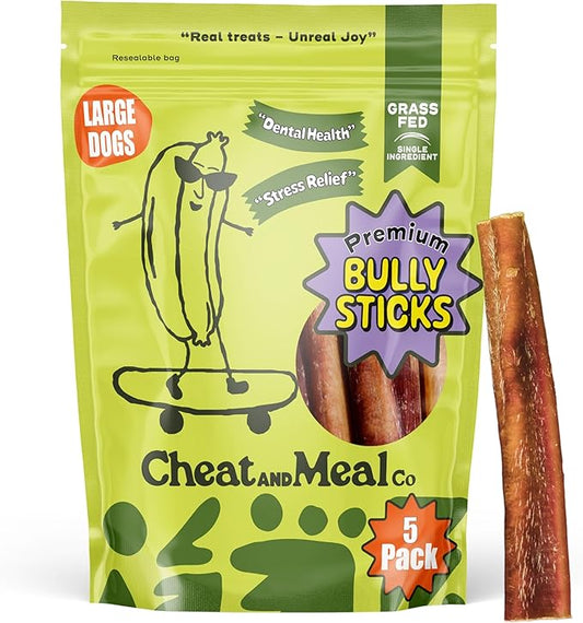 Thick Bully Sticks for Large Dogs - [6 Inch, 5 Pack] - Ultra Durable, Long-Lasting Beef Pizzle Chews for Aggressive Chewers - Natural, Grass-Fed, Rawhide-Free, Grain-Free