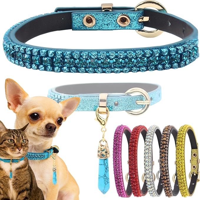 PEARLY JUN Rhinestone Dog Collars for Small Dogs Cat, S Blue Bling Diamond Cat Collar Cute Luxury Crystal Pet Puppy