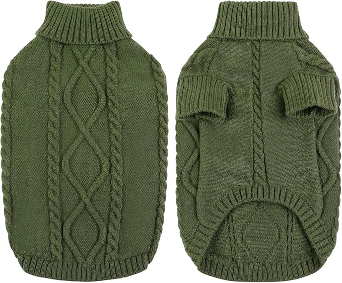 Queenmore Small Dog Pullover Sweater, Cold Weather Cable Knitwear, Classic Turtleneck Thick Warm Clothes for Chihuahua, Bulldog, Dachshund, Pug (Army Green, Large)