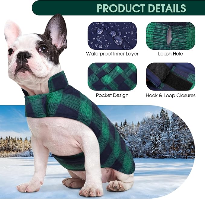 Kuoser Reversible Winter Coat, British Style Jacket for Small Medium Dogs - Warm, Windproof Puppy Cold Weather Vest, Green M