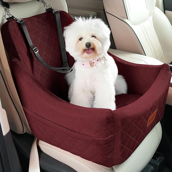 Dog Car Seat for Medium Sized Dogs Up to 40lbs,Comfy Pet Travel Car Bed with Seat Belt Channle,Fully Detachable and Washable,Adjustable Straps,2 Side Pockets,Easy to Install (Red)