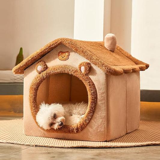 JIUPETY Cute Small Dog House Indoor, Foldable House Kennel Bed Mat with Cushion, L Size Tent Up to 25 Lbs, Dog Cave Bed with Non-Slip Bottom, Brown