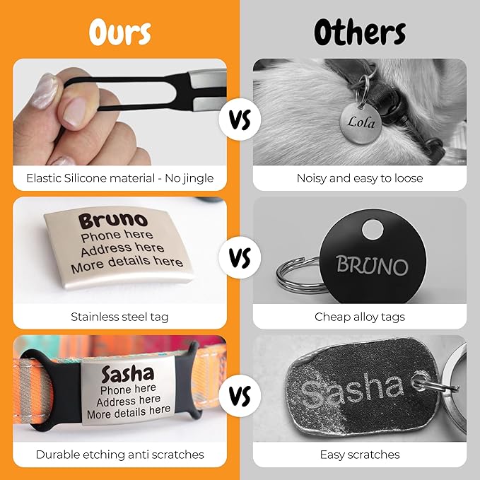 Custom Slide On Pet Tag ID, Fancy Silent Dogs & Cats Personalized No Jingle Engraved Identification Name & Phone Charm for Collar & Harnesses, No Noise for Puppies, Kitties, Horses & Animals