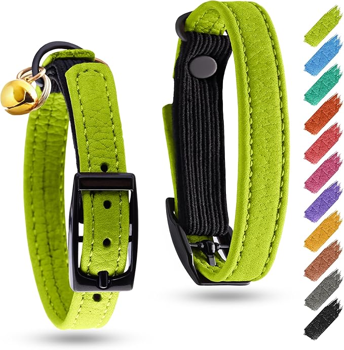 Leather Cat Collar with Bell and Safety Elastic Strap Breakaway Alternative for Small & Large Kittens, Stylish Pet Leather Collar for Boy, Girl Cats with Metal Buckle & QR ID Tag (Green)