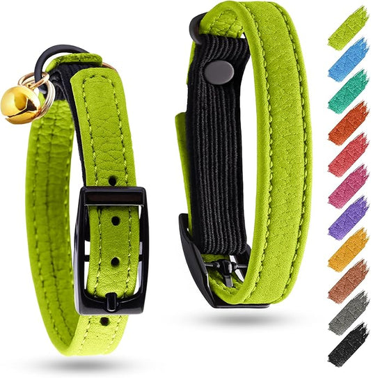 Leather Cat Collar with Bell and Safety Elastic Strap Breakaway Alternative for Small & Large Kittens, Stylish Pet Leather Collar for Boy, Girl Cats with Metal Buckle & QR ID Tag (Green)