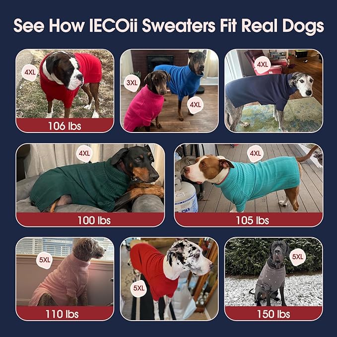 IECOii Extra Large Dog Sweater 4XL,Thermal Warm Dog Sweaters for Giant Breed Dogs,Turtleneck Knitted Knitwear for Pet Winter,Stretchy&Easy On Doggy Sweatshirt for Doberman,Great Dane(Red,XXXXL)