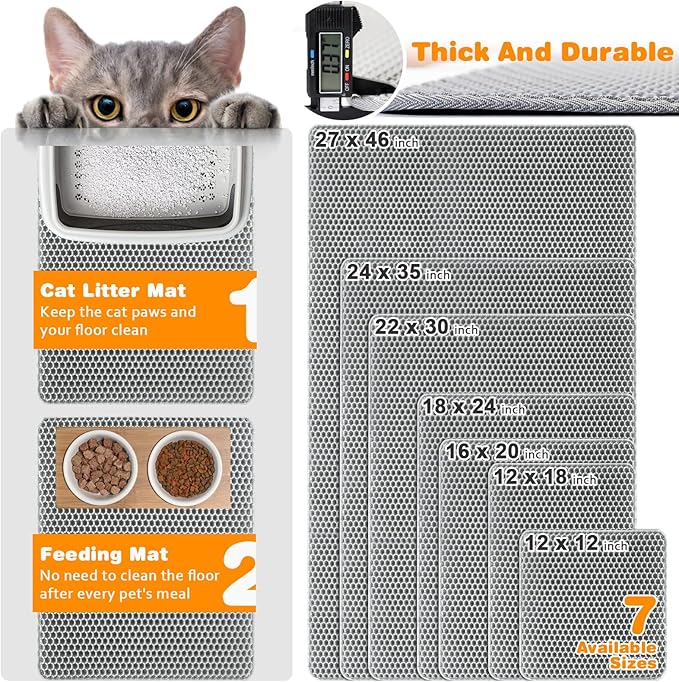 Waterproof Cat Litter Mat, Double Layer EVA, Odor-Free Large Grid, Urine Proof, Easy Cleanup (Gray, 18 x 24)