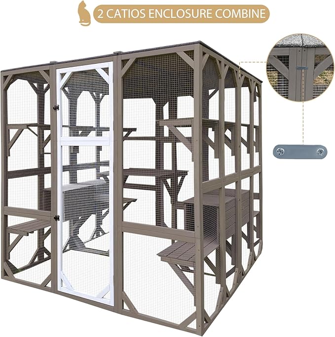 71" Catio Outdoor Cat Enclosure Large Weatherproof Cat House Kitty Cage for Indoor Cats with Multi-Level Platforms, Waterproof Roof, Two-Piece Front-Back Combination