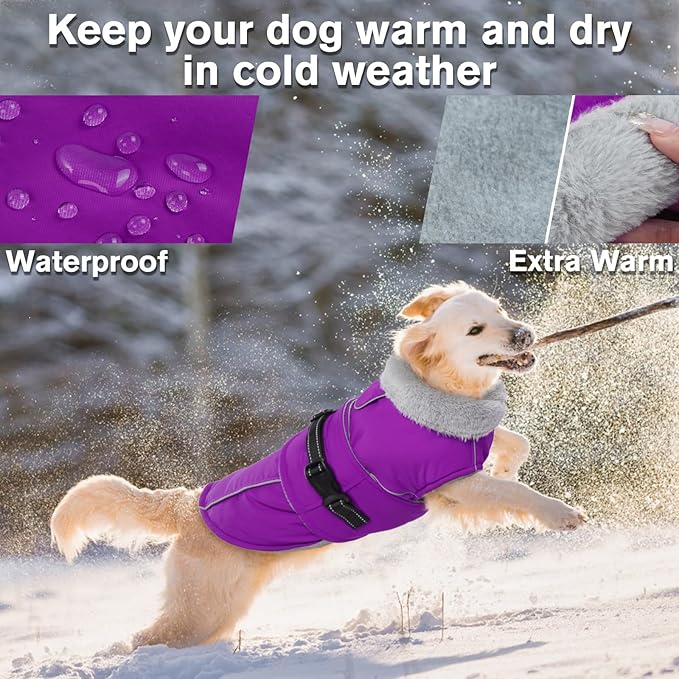 Lelepet Warm Dog Coat Reflective Fleece Vest Waterproof Dog Jacket with Adjustable Buckle Hook & Loop Windproof Cold Weather Coats for Small Medium Large Dogs, Purple, S