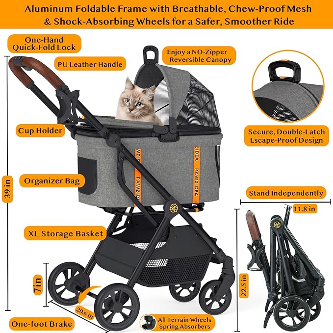 PAWZIDEA Pet Stroller 4 in 1, Dog Strollers for Small/Medium Dogs with Detachable Carrier Easy Lock Canopy, Seatbelt Puppy Car Seat, Cozy House, Foldable & Lightweight Jogger Cat Stroller, 4 Wheels
