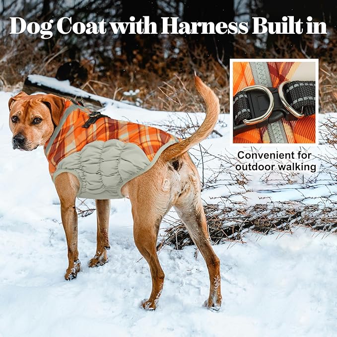 Lelepet Dog Coat Warm Dog Winter Coat Waterproof Dogs Jacket with Harness Built in Reflective Pet Fleece Vest Zip-Up Cold Weather Coats for Large Dogs Turtleneck Windproof Coats Pitbull Orange Plaid