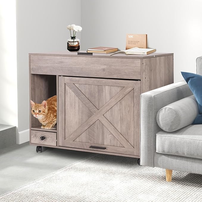 Cat Litter Box Enclosure Cabinet with Wheels, Wooden Hidden Litter Box Furniture with Large Storage, Flip Top Cat Cabinet Indoor with Drawer (Grey, Medium)