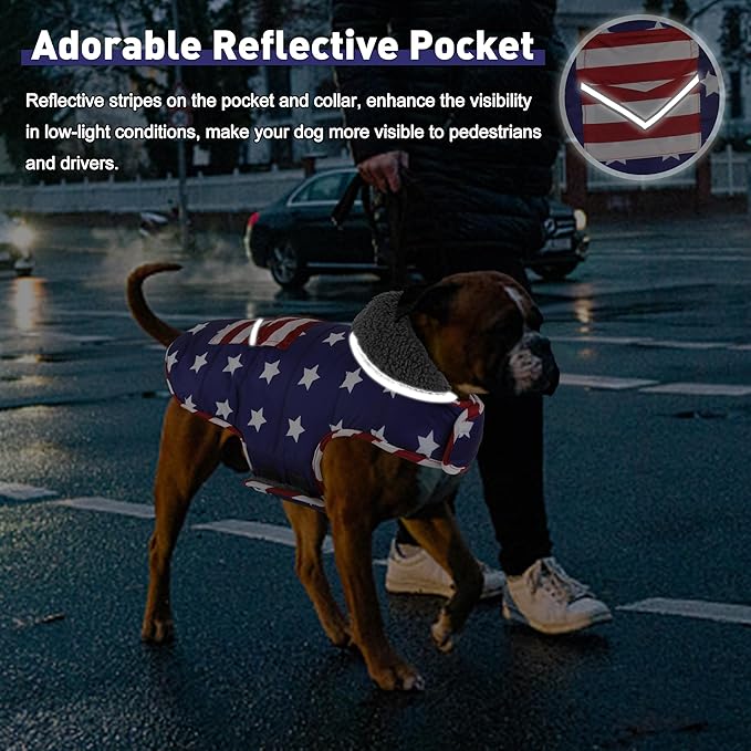 Dog Coat, Waterproof Dog Winter Jacket with Pocket, Reflective Adjustable Pet Snow Vest, Warm Cozy Fleece Sweater for Small Medium Extra Large Dogs - American Flag, XS