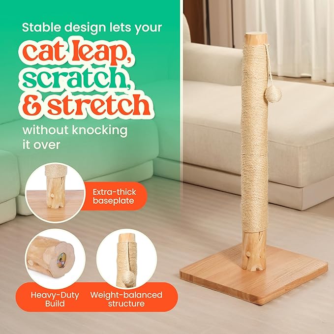 Premium 35" Cat Scratching Post – Natural Pear Wood, Sisal Rope, Rubber Wood Base with Oak Skin, Ideal for Large Cats, Free Rope Replacement