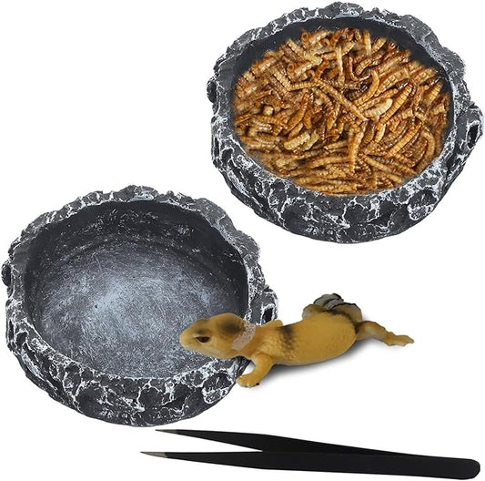IBWell 2pcs Reptile Water Bowl with Feeding Tweezers Reptile Food Dish for Lizard Snake Tortoise Reptile Feeding Dish for Small Animals - Grey Rock