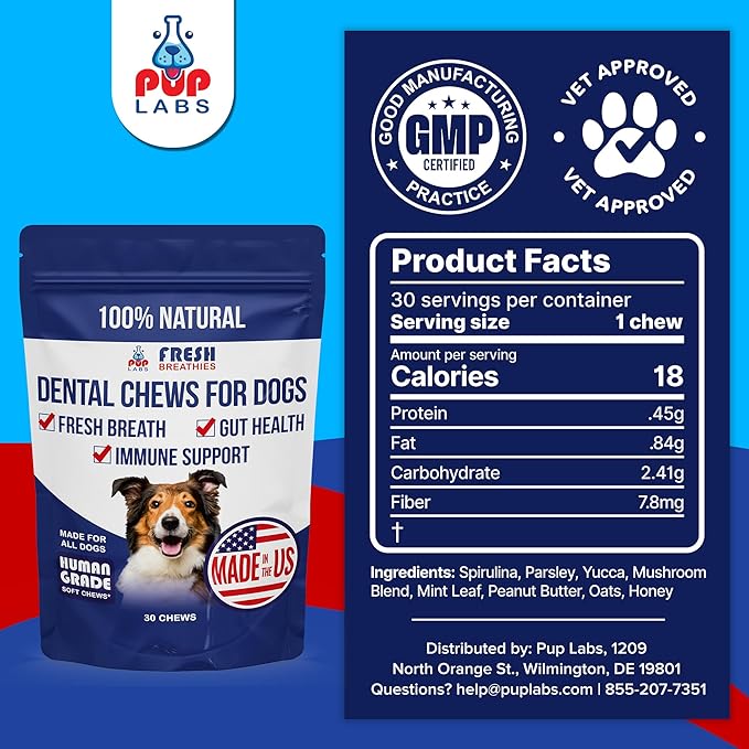 Fresh Breathies, All-Natural Dental Chews for Dogs, Dog Breath Treatment That Supports Gut Health and Immune System, Dog Teeth Cleaning Chews, Dental Treats for Dogs Made in The USA, 30 Count