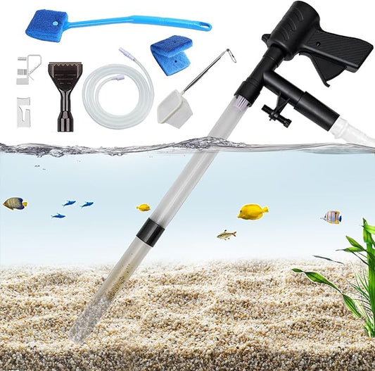 Carefree Fish Aquarium Gravel Cleaner 15~30In with 6Ft Water Hose Fish Tank Water Changer Sand Vacuum with Skimmer Net and Long Handle Sponge Alage Scraper