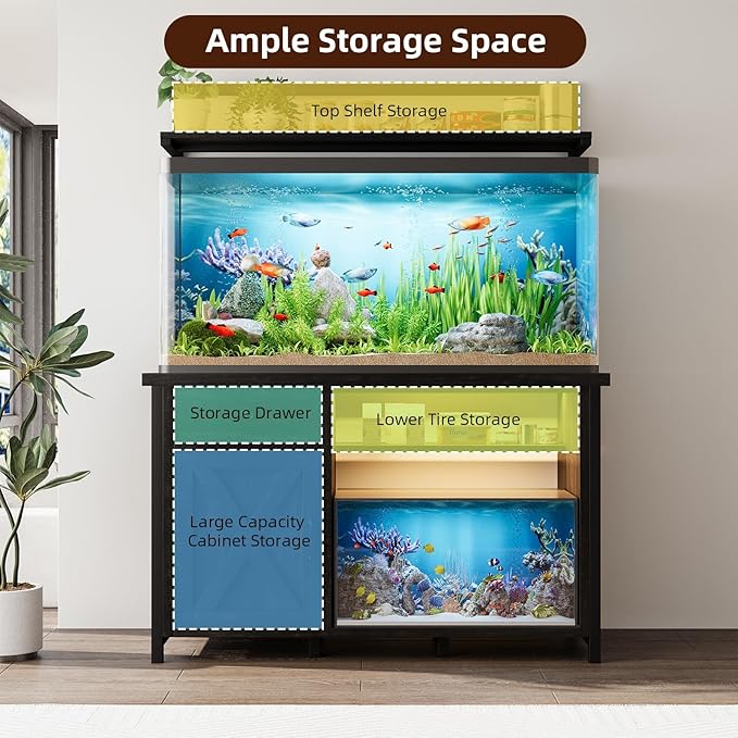 4ever2buy 55-75 Gallon Fish Tank Stand with Power Outlet, Led Light, Heavy Duty Aquarium Stand with Cabinet for Fish Tank Accessories Storage, Shelf, for Turtle Tank, Reptile Terrarium, 1100 LBS, Oak