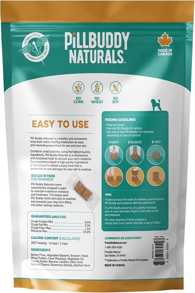 Presidio Pill Buddy Naturals - PB & Banana Recipe Pill Hiding Treats for Dogs - Make A Perfect Pill Concealing Pocket Or Pouch for Any Size Medication - 90 Servings