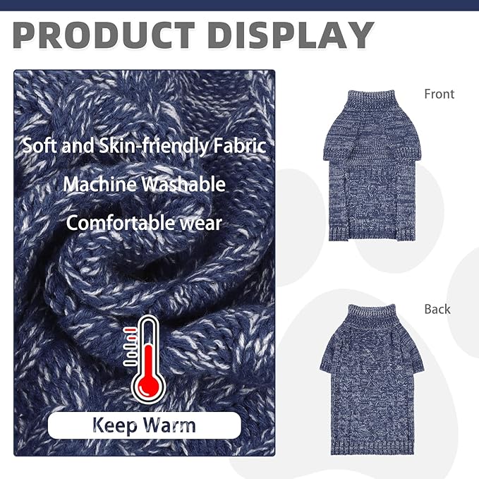 KOOLTAIL Thermal Knitted Dog Sweater for Small Medium Large Dogs, Turtleneck Cable Knit Doggy Winter Coat Warm Clothes Sweatshirt Outfits for Cold Weather,Pullover Pet Jumper for Puppy Cats Navy XL