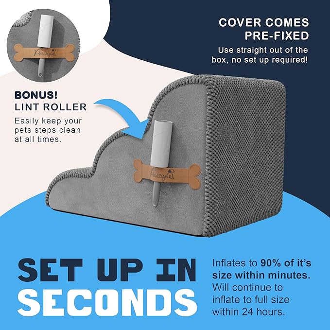 PAWZY Foam Pet Stairs for Bed, Couch or Window PREFIXED Cover - Wide Steps for Bed, Waterproof, Non-Slip Base - 3-Tier Ramp Dog Stairs for Small Dogs, Puppies, Cats - Dog Stairs & Steps (Grey)